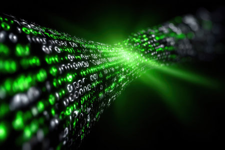 Streams of green binary code flow smoothly against a black background, illustrating digital data movement.の写真素材