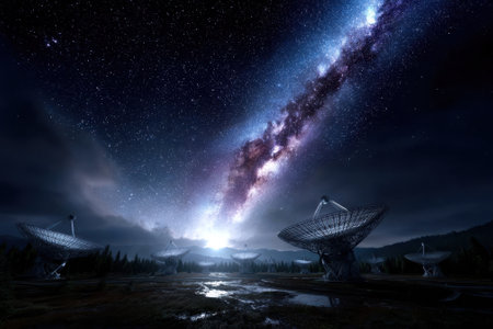 Satellite dishes are aimed at the starlit sky, capturing the beauty of the Milky Way at night.の写真素材