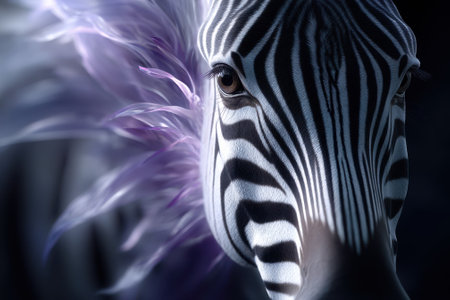 A zebra gazes intently with a striking feathered mane, blending wildlife and fantasy in a dark environment.の写真素材