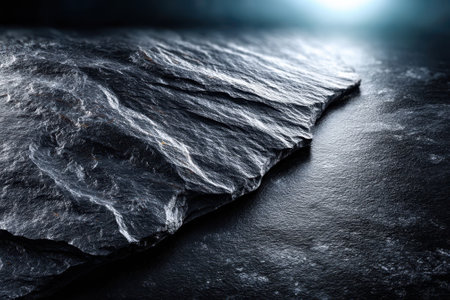 Textured slate stone rests on a dark surface, reflecting light with intricate patterns and shadows.の写真素材