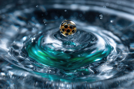 A droplet splashes into water, creating ripples and reflections with captivating blue and gold tones.の写真素材