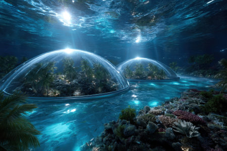 Two transparent domes are submerged underwater, surrounded by thriving coral reefs and illuminated by sunlight.の写真素材