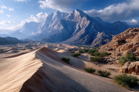 Golden sand dunes stretch across the landscape while towering mountains loom in the distance under a clear sky.の写真素材