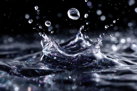 Water droplets splash and create ripples in a dark setting, showing dynamic movement and detail.の写真素材