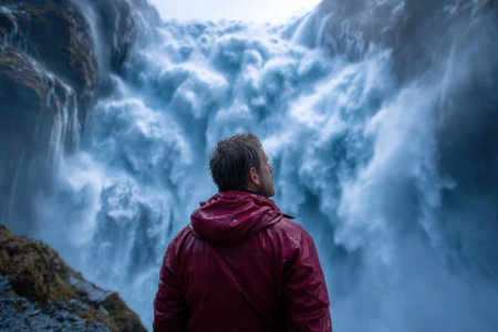 A person in a red jacket stands in front of a powerful waterfall cascading down rocky cliffs under cloudy skies.の写真素材