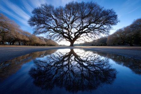 A large tree stands alone by a tranquil pool, its reflection visible during the peaceful twilight.の写真素材