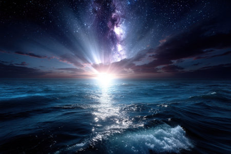 The ocean glistens under a starry sky with bright light illuminating the water at dawn.の写真素材