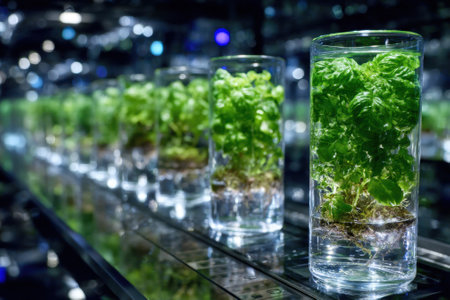 Fresh herbs are growing in transparent glass containers, showing roots and green leaves in a stylish environment.の写真素材