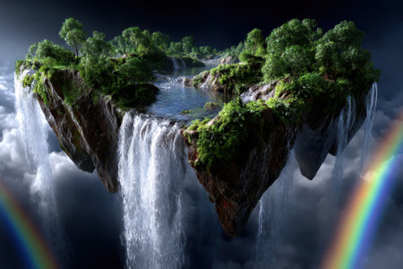 A stunning floating island features vibrant trees, cascading waterfalls, and a serene body of water amidst clouds.の写真素材