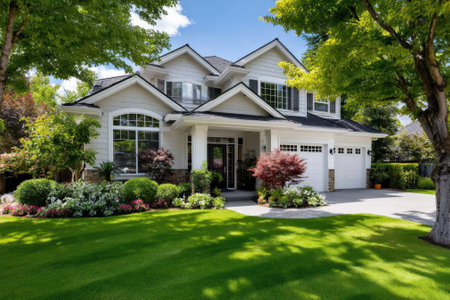 A lovely house in a serene neighborhood features a well-kept lawn and colorful flowers shining under bright sunlight.の写真素材