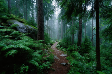A narrow trail winds through a dense fog-covered forest, surrounded by tall trees and vibrant ferns.の写真素材