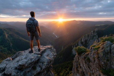 A solitary traveler stands on a rocky outcrop gazing at the vibrant sunset illuminating the valley below.の写真素材