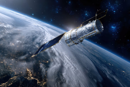 Hubble Space Telescope flies above Earth, capturing distant galaxies and cosmic phenomena in space.の写真素材