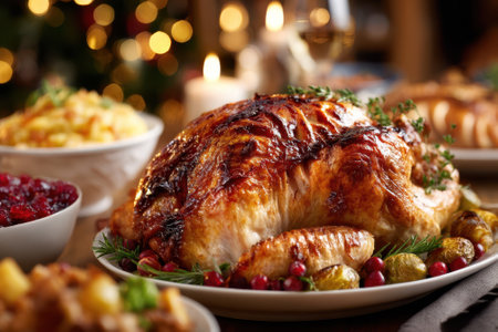Roasted turkey garnished with leftover herbs on a festive table accompanied by various side dishes and lights.の写真素材