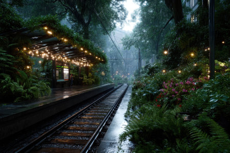 A train station surrounded by vibrant plants and flowers is illuminated by warm lights on a rainy night.の写真素材