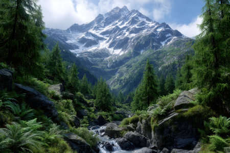 Snow-capped peaks tower over a vibrant valley filled with trees and a lively stream flowing through.の写真素材