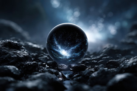 A glass orb rests on a jagged rock surface, reflecting swirling galaxies and cosmic lights in the dark.の写真素材