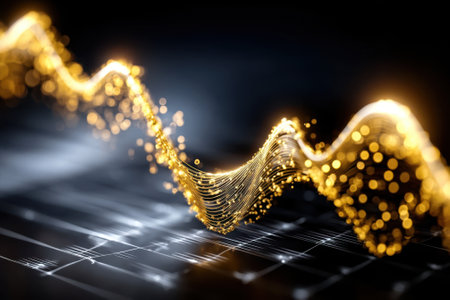 Golden waves and sparkling particles illustrate sound frequencies and rhythm in an artistic display.の写真素材