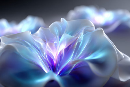 Soft, flowing shapes reminiscent of flowers shine with vibrant blue and purple hues in a digital art composition.の写真素材