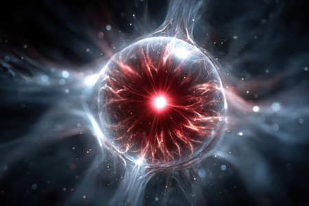 A luminous sphere radiates energy with swirling plasma patterns against a dark cosmic backdrop.の写真素材
