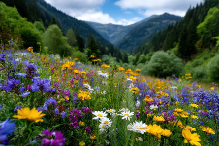 A vibrant meadow filled with various wildflowers blooms under a bright sky in a serene valley.の写真素材