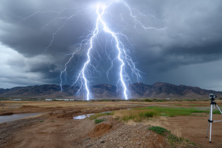 Dark clouds gather as vibrant lightning strikes the ground, illuminating the rugged mountains and terrain.の写真素材