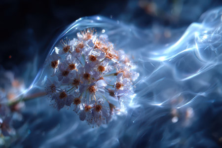 Delicate flowers are enveloped by wisps of smoke, creating a magical atmosphere during twilight hours.の写真素材