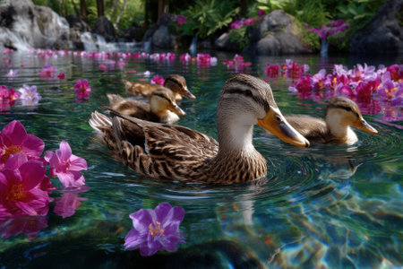 Four ducks glide gently across a serene pond filled with vibrant pink flowers and lush greenery.の写真素材