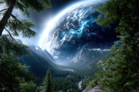 A stunning vista showcases a vast planet looming above a serene valley, surrounded by towering trees and mountains.の写真素材