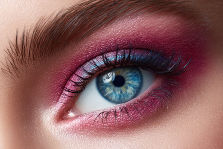 A captivating view of a woman's eye adorned with vivid purple and blue eyeshadow, showing a bright blue iris.の写真素材