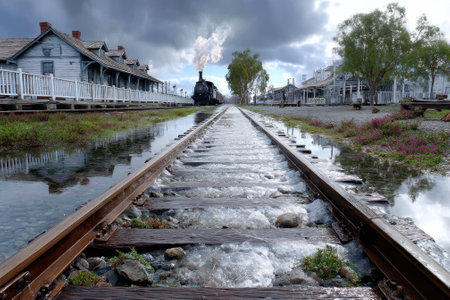 A vintage steam train moves toward a historic railroad station surrounded by water reflections under cloudy skies.の写真素材