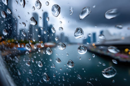 Raindrops cling to a window, providing a blurred view of tall buildings and a body of water under gray skies.の写真素材