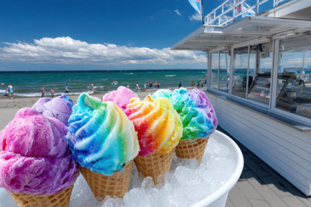 Brightly colored ice cream cones sit on ice at a beach stand with people enjoying the seaside.の写真素材