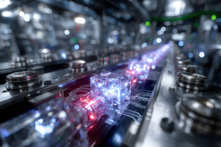 Advanced technology features illuminated blocks moving along a detailed circuit in a complex assembly line.の写真素材