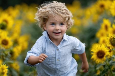Bright yellow sunflowers surround a smiling child running happily in the field on a warm afternoon.の写真素材