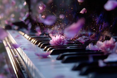Flower petals float around piano keys, creating a tranquil atmosphere on a beautiful spring day.の写真素材