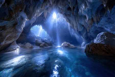Soft beams of light pour into a tranquil cave, revealing crystal-clear water and rocky formations.の写真素材