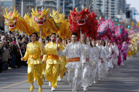 Participants dressed in vibrant costumes perform a traditional dragon dance along a city street during a festive event.の写真素材
