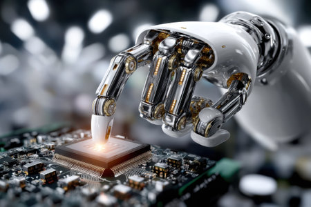 A robotic hand touches a microchip on a circuit board, showing advanced technology and innovation.の写真素材