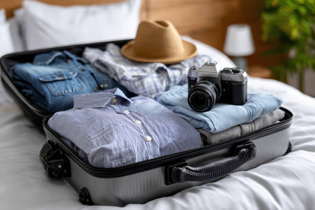 Evening preparation for a trip, featuring neatly folded clothing and a camera in a suitcase on a bed.の写真素材