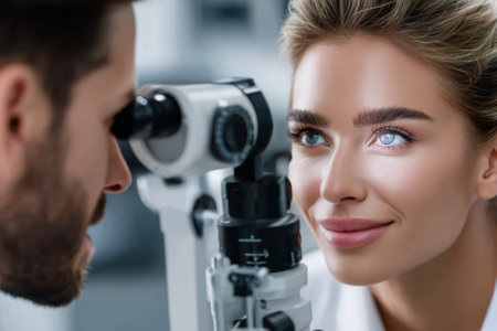 A woman undergoes an eye exam, smiling at the optometrist in a modern clinic with advanced equipment.の写真素材