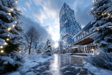 Snow covers the ground and trees in a serene city street, showing modern architecture against a winter sky.の写真素材