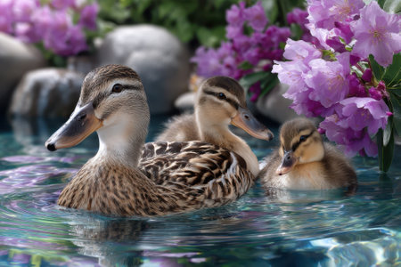 A mother duck swims gracefully in a vibrant pond surrounded by blooming flowers with her ducklings nearby.の写真素材
