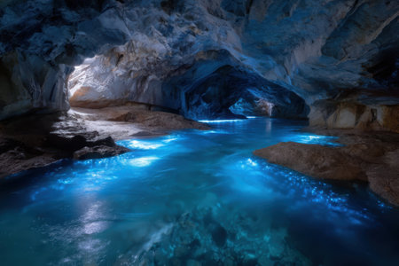 Glowing blue waters reflect enchanting light in a serene cave setting during the twilight hours.の写真素材