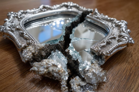 A beautifully designed silver mirror lies broken on a wooden table, with pieces of shattered glass scattered around.の写真素材