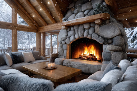 Warm fire crackles in a rustic stone fireplace while snowflakes fall outside the cozy retreat.の写真素材