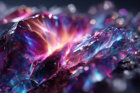 Colorful crystal formations exhibit an array of reflective hues, showing intricate details and vibrant light.の写真素材