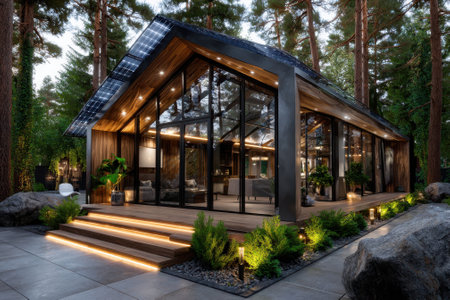 This unique house features a glass and wood design nestled among tall trees, showcasing modern architecture.の写真素材