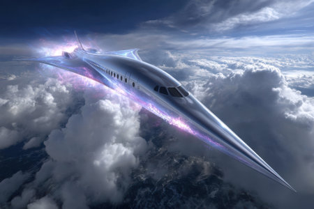 A high-tech aircraft navigates through fluffy white clouds, leaving glowing trails in its wake under a vibrant sky.の写真素材
