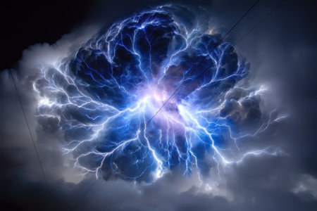 Bright lightning forks across dark storm clouds, creating a dramatic and electrifying atmosphere.の写真素材